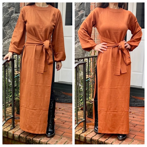 Maxi Dress with Side Slit and Tie Waist Detail - Picture 2 of 8